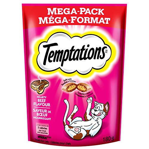 TEMPTATIONS Classic Crunchy and Soft Cat Treats Hearty Beef Flavor, 6.3 oz. Pouch, Pack of 10