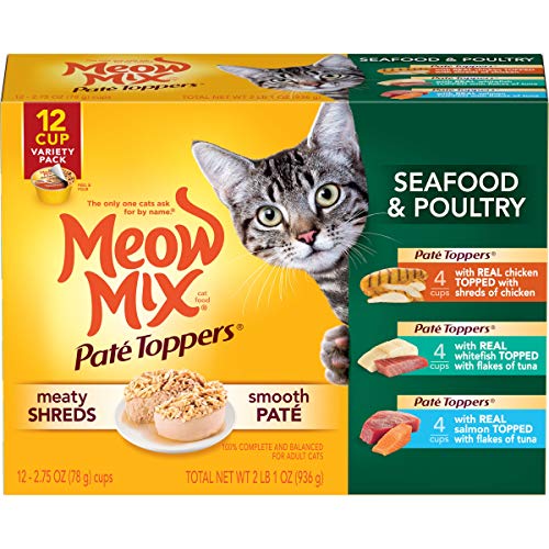 Meow Mix Paté Toppers Wet Cat Food, Seafood & Poultry Variety Pack, 2.75 Ounce Cup (Pack of 12), Meow Mix Pate Toppers Seafood & Poultry Variety Pack Wet Cat Food, 12 Cups