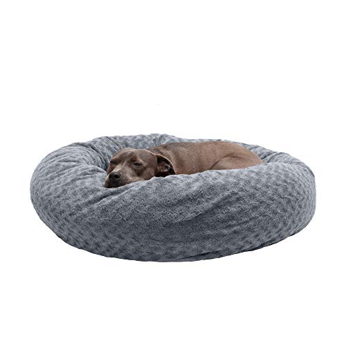 Furhaven Pet Dog Bed | Round Plush Faux Fur Ultra Calming Deep Sleep Cushion Non-Skid Cuddler Donut Pet Bed w/ Removable Cover for Dogs & Cats, Silver Frosting, Large