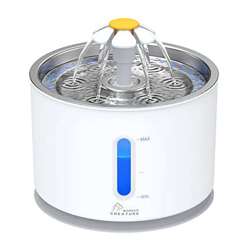 Cat Water Dispenser, Pet Fountain Stainless Steel, 2.4L Cat Water Fountain with 3 Replacement Filters and Cleaning Brushes, Ultra Quiet Water Level Window with LED Light 3 Ways to Drink