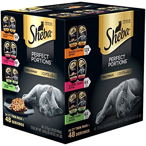 SHEBA PERFECT PORTIONS Soft Wet Cat Food Cuts in Gravy Roasted Chicken Entrée, Gourmet Salmon Entrée, Tender Turkey Entrée Variety Pack, (24) 2.6 oz. Easy Peel Twin-Pack Trays