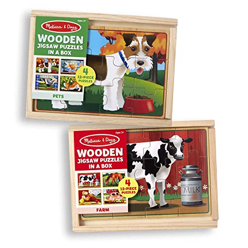 Melissa & Doug Animals 4-in-1 Wooden Jigsaw Puzzles Set - Pets and Farm