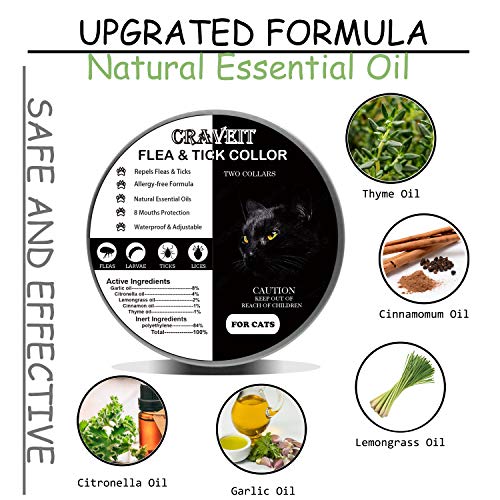 Flea and Tick Collar for Cat, Repels Fleas & Ticks, Natural Essential Oils, Allergy Prevention, 8 Months Protection, Adjustable & Waterproof (2 Packs)