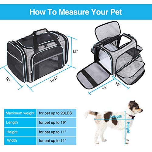 MASKEYON Airline Approved Portable Pet Carrier 2 Sides Expandable Soft-Sided Large Cats Carrier Collapsible Kennel Travel TSA Carrier 4 Doors with Removable Pads and 3 Pockets for Puppy Small Dogs