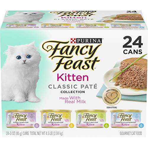 Purina Fancy Feast Grain Free Pate Wet Kitten Food Variety Pack, Kitten Classic Pate Collection, 4 flavors - (24) 3 oz. Boxes