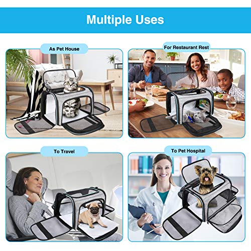 MASKEYON Airline Approved Portable Pet Carrier 2 Sides Expandable Soft-Sided Large Cats Carrier Collapsible Kennel Travel TSA Carrier 4 Doors with Removable Pads and 3 Pockets for Puppy Small Dogs