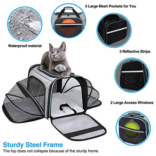 MASKEYON Airline Approved Portable Pet Carrier 2 Sides Expandable Soft-Sided Large Cats Carrier Collapsible Kennel Travel TSA Carrier 4 Doors with Removable Pads and 3 Pockets for Puppy Small Dogs