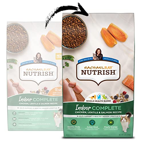 Rachael Ray Nutrish Indoor Complete Premium Natural Dry Cat Food, Chicken with Lentils & Salmon Recipe, 3 Pounds (Packaging May Vary)