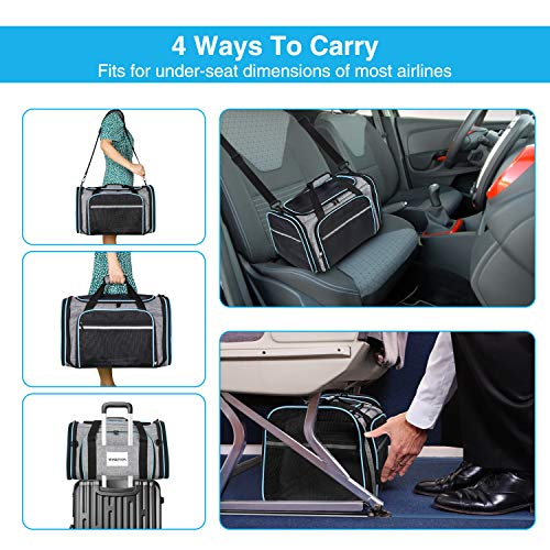MASKEYON Airline Approved Portable Pet Carrier 2 Sides Expandable Soft-Sided Large Cats Carrier Collapsible Kennel Travel TSA Carrier 4 Doors with Removable Pads and 3 Pockets for Puppy Small Dogs