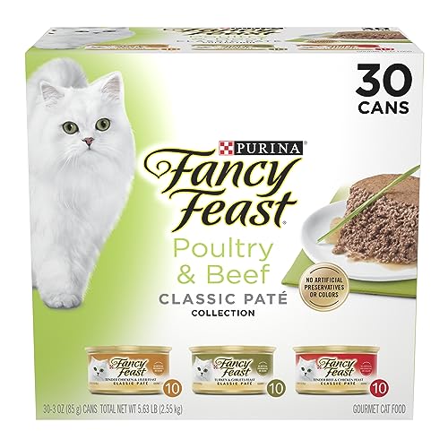 Purina Fancy Feast Grain Free Pate Wet Cat Food Variety Pack, Poultry & Beef Collection - (30) 3 oz. Cans
