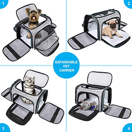 MASKEYON Airline Approved Portable Pet Carrier 2 Sides Expandable Soft-Sided Large Cats Carrier Collapsible Kennel Travel TSA Carrier 4 Doors with Removable Pads and 3 Pockets for Puppy Small Dogs