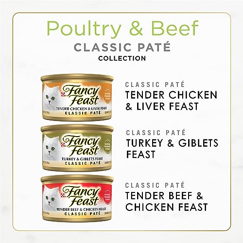 Purina Fancy Feast Grain Free Pate Wet Cat Food Variety Pack, Poultry & Beef Collection - (30) 3 oz. Cans