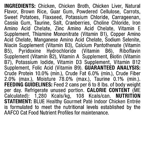 Blue Buffalo Healthy Gourmet Natural Adult Pate Wet Cat Food, Indoor Chicken 3-oz cans (Pack of 24), 800113