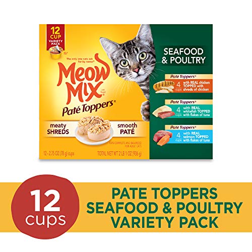 Meow Mix Paté Toppers Wet Cat Food, Seafood & Poultry Variety Pack, 2.75 Ounce Cup (Pack of 12), Meow Mix Pate Toppers Seafood & Poultry Variety Pack Wet Cat Food, 12 Cups