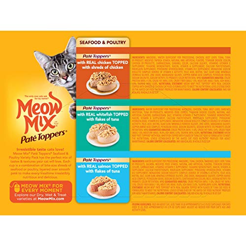 Meow Mix Paté Toppers Wet Cat Food, Seafood & Poultry Variety Pack, 2.75 Ounce Cup (Pack of 12), Meow Mix Pate Toppers Seafood & Poultry Variety Pack Wet Cat Food, 12 Cups