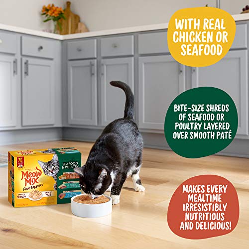 Meow Mix Paté Toppers Wet Cat Food, Seafood & Poultry Variety Pack, 2.75 Ounce Cup (Pack of 12), Meow Mix Pate Toppers Seafood & Poultry Variety Pack Wet Cat Food, 12 Cups