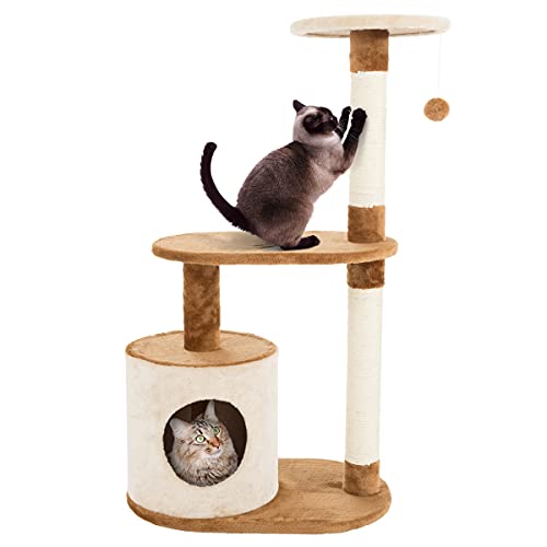 PETMAKER Cat Tree Condo 3 Tier with Condo & Scratching Posts, 37.5", Brown & Tan