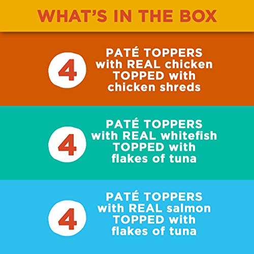 Meow Mix Paté Toppers Wet Cat Food, Seafood & Poultry Variety Pack, 2.75 Ounce Cup (Pack of 12), Meow Mix Pate Toppers Seafood & Poultry Variety Pack Wet Cat Food, 12 Cups