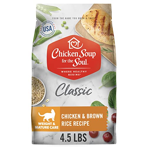 Chicken Soup for The Soul Weight & Mature Care Dry Cat Food, Chicken & Brown Rice Recipe 4.5 lb. Bag | Soy Free, Corn Free, Wheat Free | Dry Cat Food Made with Real Ingredients