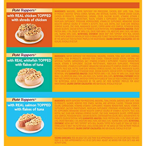 Meow Mix Paté Toppers Wet Cat Food, Seafood & Poultry Variety Pack, 2.75 Ounce Cup (Pack of 12), Meow Mix Pate Toppers Seafood & Poultry Variety Pack Wet Cat Food, 12 Cups