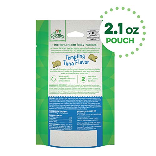 FELINE GREENIES Adult Natural Dental Care Cat Treats, Tempting Tuna Flavor, 2.1 oz. Pouch
