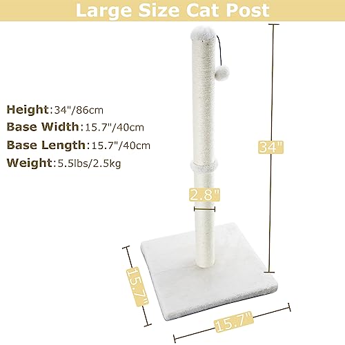 Dimaka 34" Tall Ultimate Cat Scratching Post, Claw Scratcher with Sisal Rope and Covered with Soft Smooth Plush, Vertical Scratch [Full Stretch], Modern Stable Design 34 in Height (Beige V2)