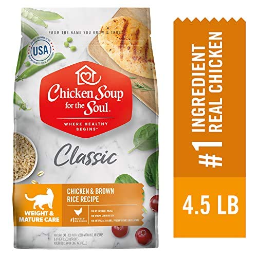 Chicken Soup for The Soul Weight & Mature Care Dry Cat Food, Chicken & Brown Rice Recipe 4.5 lb. Bag | Soy Free, Corn Free, Wheat Free | Dry Cat Food Made with Real Ingredients