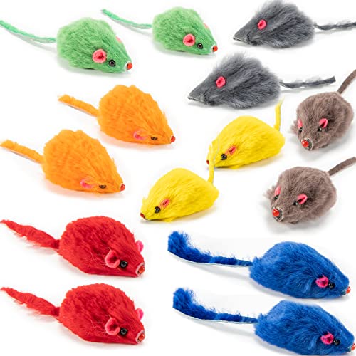 Yangbaga Real Fur Mice Rattle 14 Pack, Cat Toys Rainbow Mice Rabbit Feather for Cats and Kittens (14 pcs Rainbow mices)