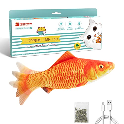 Potaroma Cat Kicker Fish Toy 10.5", Electric Moving Interactive Cat Toy, Wiggle Fish Catnip Toy, Robotic Motion Sensor Kitten Toy, Plush Cat Teaser, Fun Kitty Toy, Stimulates Cat Hunting Instinct