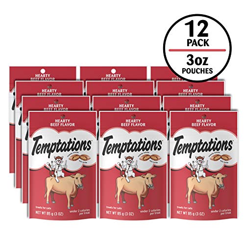TEMPTATIONS Classic Crunchy and Soft Cat Treats Hearty Beef Flavor, 3 oz. Pouch, Pack of 12