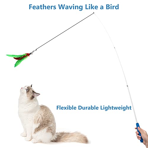 Cat Toys Interactive Cat Feather Wand, Kitten Toys 2pcs Retractable Cat Wand Toy & 7pcs Natural Feather Teaser Replacements with Bell, Telescopic Cat Fishing Pole Toy for Indoor Kitty Old Cat Exercise