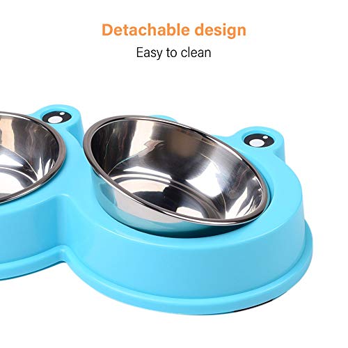 Double Dog Cat Bowl Stainless Steel Detachable Water and Food Feeder Bowl Plastic Non-Slip Cartoon Frog Base for Feeding Small Medium Cats and Dogs Puppies Pets