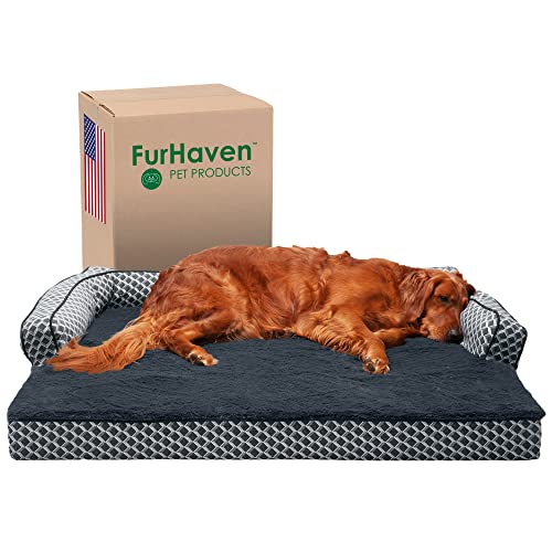 Furhaven Pet Dog Bed | Orthopedic Plush Faux Fur & Décor Comfy Couch Traditional Sofa-Style Living Room Couch Pet Bed w/ Removable Cover for Dogs & Cats, Diamond Gray, Jumbo