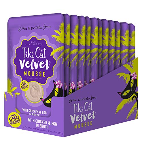 Tiki Cat Velvet Mousse Grain-Free Wet Food with a Silky-Smooth Texture for Adult Cats & Kittens, 2.8oz, 12pk, Chicken & Egg