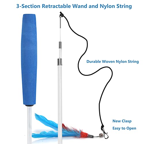 Cat Toys Interactive Cat Feather Wand, Kitten Toys 2pcs Retractable Cat Wand Toy & 7pcs Natural Feather Teaser Replacements with Bell, Telescopic Cat Fishing Pole Toy for Indoor Kitty Old Cat Exercise