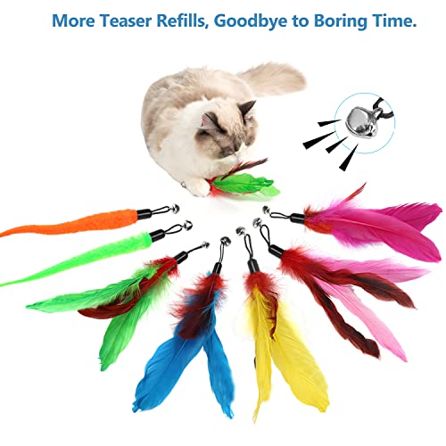 Cat Toys Interactive Cat Feather Wand, Kitten Toys 2pcs Retractable Cat Wand Toy & 7pcs Natural Feather Teaser Replacements with Bell, Telescopic Cat Fishing Pole Toy for Indoor Kitty Old Cat Exercise