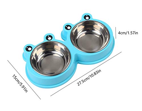 Double Dog Cat Bowl Stainless Steel Detachable Water and Food Feeder Bowl Plastic Non-Slip Cartoon Frog Base for Feeding Small Medium Cats and Dogs Puppies Pets