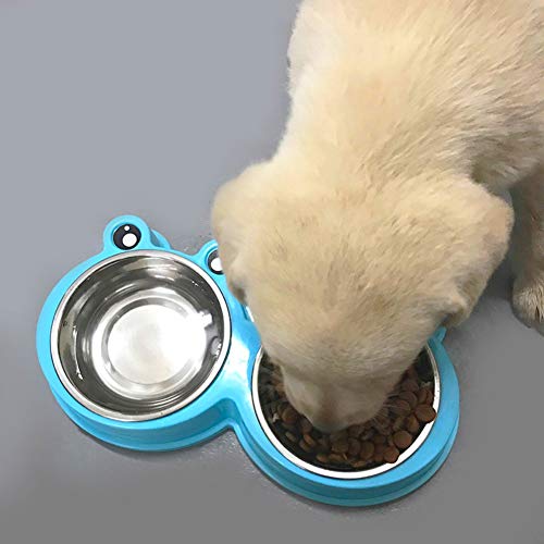 Double Dog Cat Bowl Stainless Steel Detachable Water and Food Feeder Bowl Plastic Non-Slip Cartoon Frog Base for Feeding Small Medium Cats and Dogs Puppies Pets