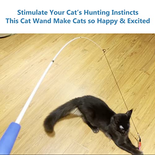 Cat Toys Interactive Cat Feather Wand, Kitten Toys 2pcs Retractable Cat Wand Toy & 7pcs Natural Feather Teaser Replacements with Bell, Telescopic Cat Fishing Pole Toy for Indoor Kitty Old Cat Exercise