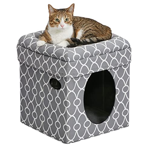 Cat Cube Cozy Cat House / Cat Condo in Fashionable Gray Geo Print 15.5L x 15.5W x 16.5H Inches