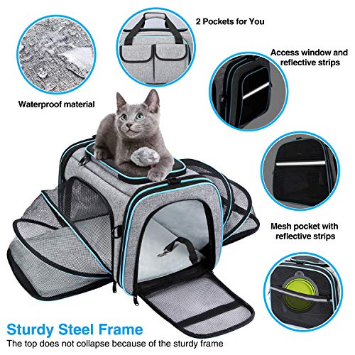 MASKEYON Airline Approved Pet Carrier, Large Soft Sided Pet Travel TSA Carrier 4 Sides Expandable Cat Collapsible Carrier with Removable Fleece Pad and Pockets for Cats Dogs and Small Animals