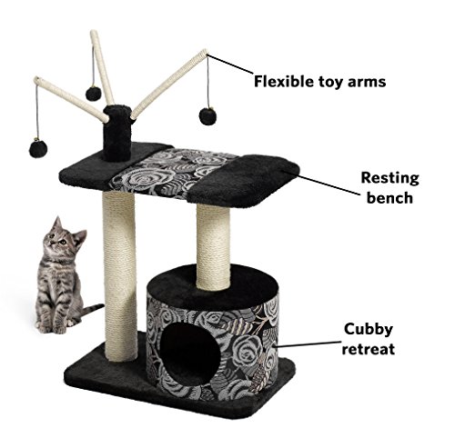 MidWest Homes for Pets Cat Tree | "Carnival" Cat Furniture, 3-Tier Cat Activity Tree w/ Sisal Wrapped Support Scratching Posts & Dangle Play Balls, Black / White Floral, Medium Cat Tree