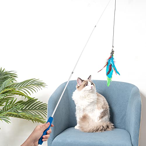 Cat Toys Interactive Cat Feather Wand, Kitten Toys 2pcs Retractable Cat Wand Toy & 7pcs Natural Feather Teaser Replacements with Bell, Telescopic Cat Fishing Pole Toy for Indoor Kitty Old Cat Exercise
