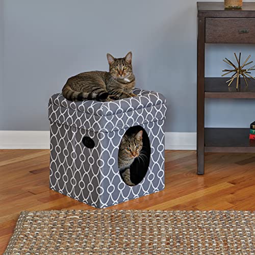 Cat Cube Cozy Cat House / Cat Condo in Fashionable Gray Geo Print 15.5L x 15.5W x 16.5H Inches