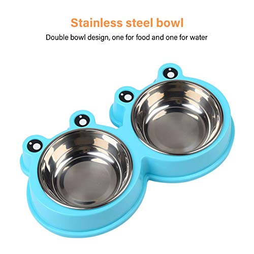 Double Dog Cat Bowl Stainless Steel Detachable Water and Food Feeder Bowl Plastic Non-Slip Cartoon Frog Base for Feeding Small Medium Cats and Dogs Puppies Pets