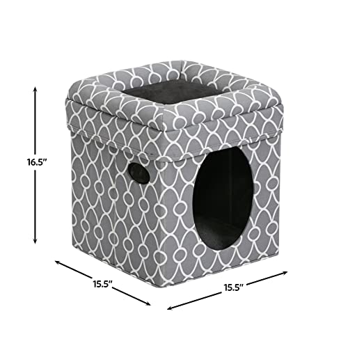 Cat Cube Cozy Cat House / Cat Condo in Fashionable Gray Geo Print 15.5L x 15.5W x 16.5H Inches
