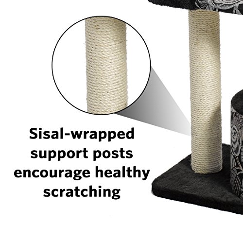 MidWest Homes for Pets Cat Tree | "Carnival" Cat Furniture, 3-Tier Cat Activity Tree w/ Sisal Wrapped Support Scratching Posts & Dangle Play Balls, Black / White Floral, Medium Cat Tree