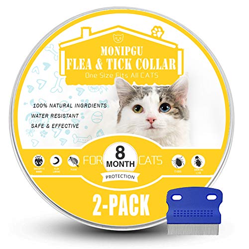 MONIPGU Flea and Tick Collar for Cats,2 Pack,Natural Flea and Tick Prevention for Cats,8 Months Protection,One Size Fits All Cats,Adjustable & Waterproof,Include Flea Comb