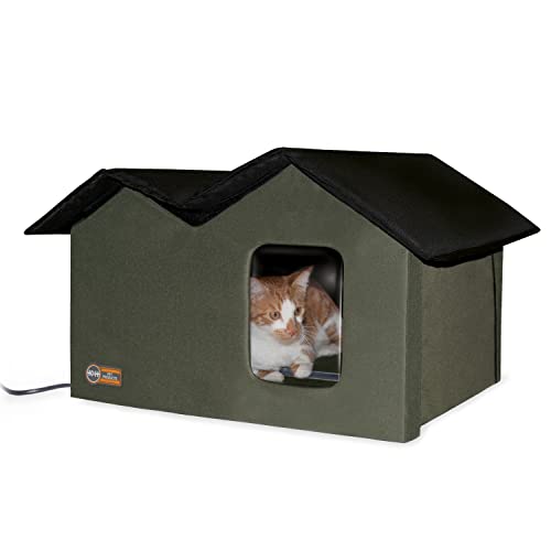 K&H Pet Products Outdoor Heated Kitty House Extra-Wide Olive/Black 26.5" x 15.5" x 21.5" 20W
