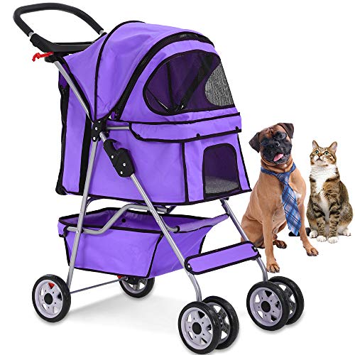 4 Wheels Pet Stroller Cat Dog Cage Stroller Travel Folding Carrier with Cup Holders and Removable Liner for Small-Medium Dog, Cat (Purple)